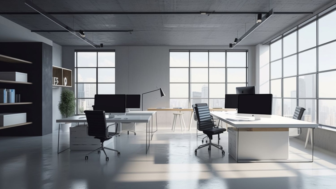 Ett stilrent och modernt kontor med öppen planlösning, vita skrivbord med svarta ergonomiska stolar och datorskärmar. Lokalen har ett industriellt exponerat betongtak, stora fönster som släpper in naturligt ljus, minimalistisk design och några gröna växter. Kontoret exemplifierar modern arbetsplatsdesign med rena linjer och en rymlig layout.